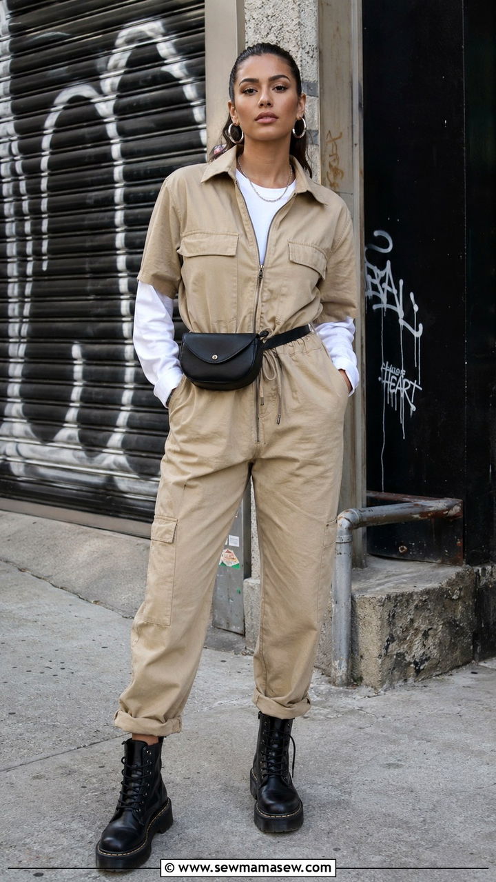 Utility Jumpsuit and Combat Boots Outfit - 30 casual streetwear outfits