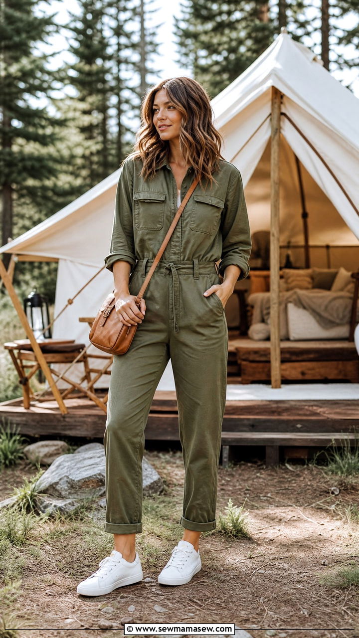 Utility Jumpsuit and Sneakers Glamping Outfit - 25 Glamping outfit ideas