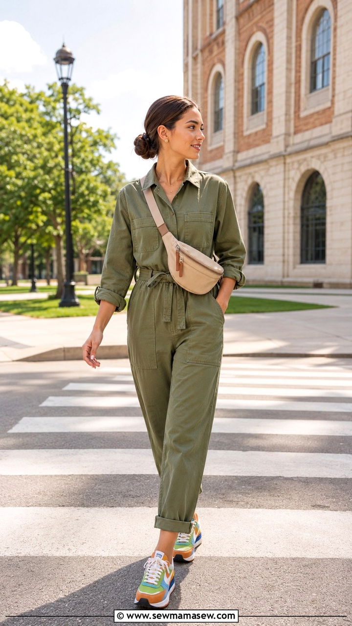Utility Jumpsuit and Sneakers Outfit - 30 Spring outfits for college students