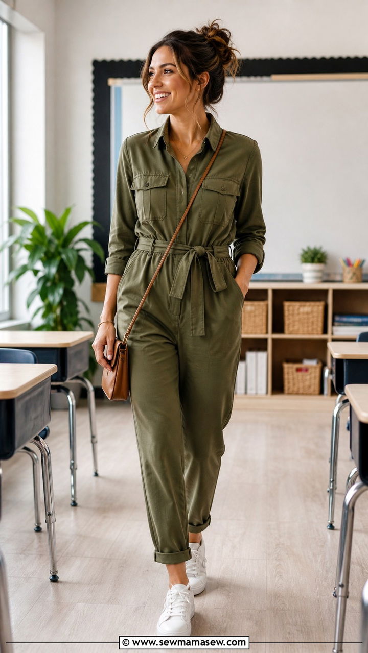 Utility Jumpsuit and Sneakers Teacher Outfit - 40 Teacher outfit ideas