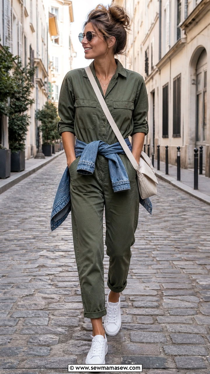 Utility Jumpsuit and White Sneakers City Break Outfit - 40 travel outfits ideas