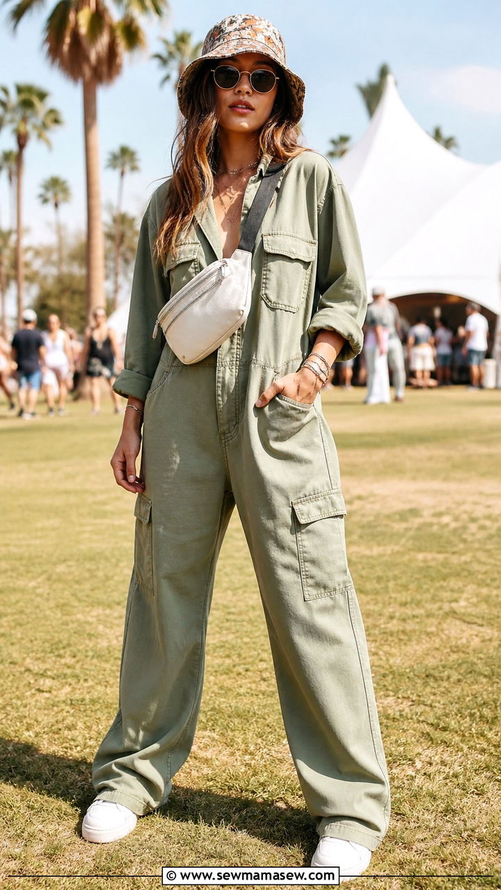 Utility Jumpsuit with Bucket Hat - 40 festival outfits for women