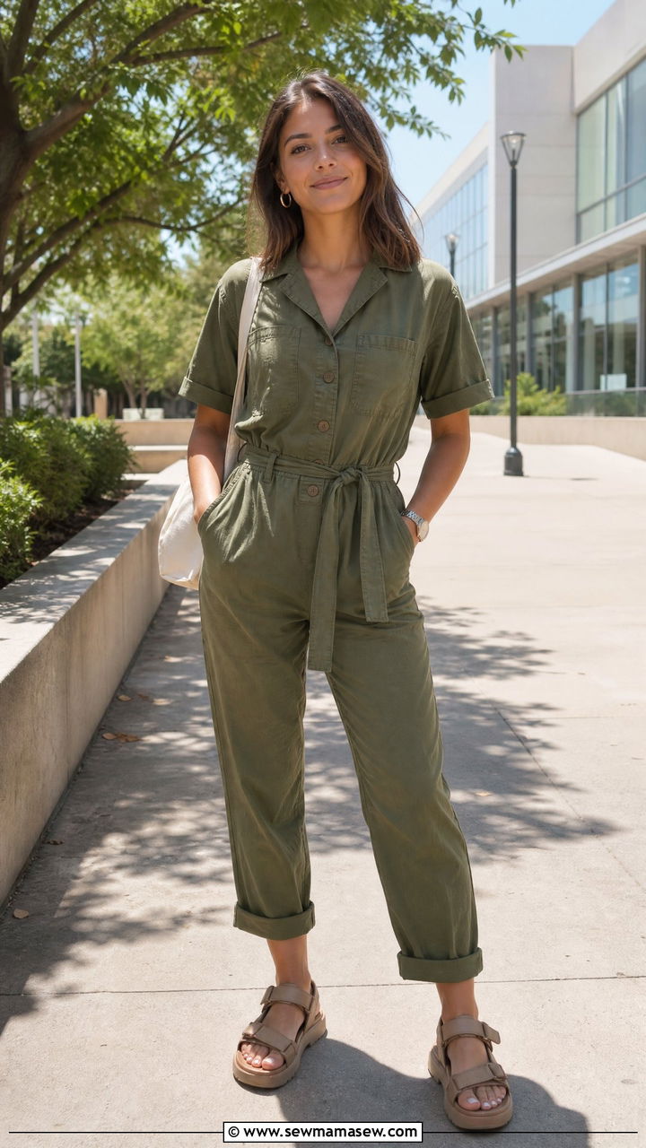 Utility Jumpsuit with Chunky Sandals and a Belt - 30 summer school outfit ideas