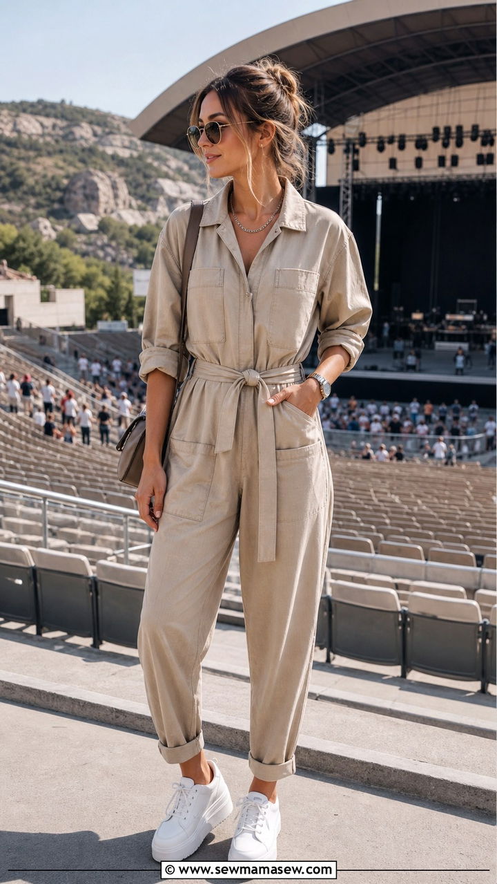 Utility Jumpsuit with Chunky Sneakers Outfit - 20 Amphitheater concert outfit ideas