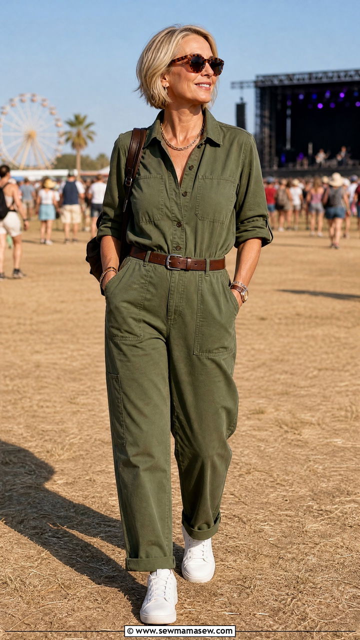 Utility Jumpsuit with Clean White Sneakers - 30 Concert outfits for women over 50