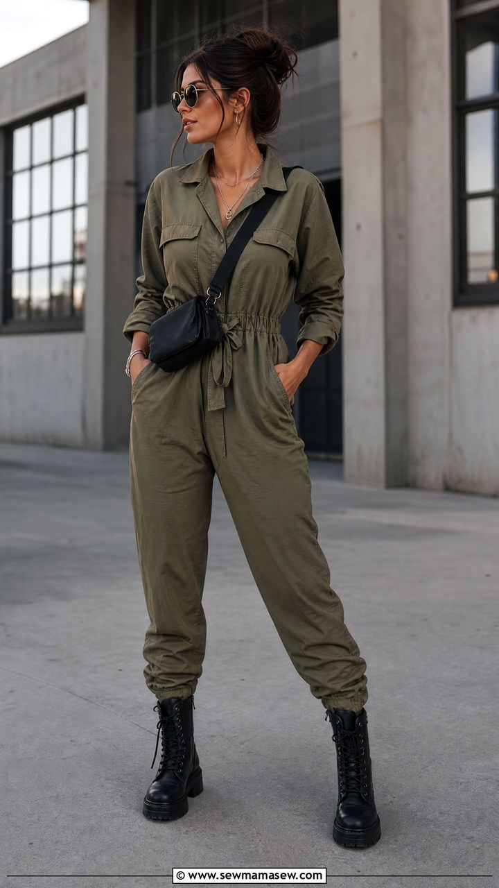 Utility Jumpsuit with Combat Boots - 30 streetwear outfits for women