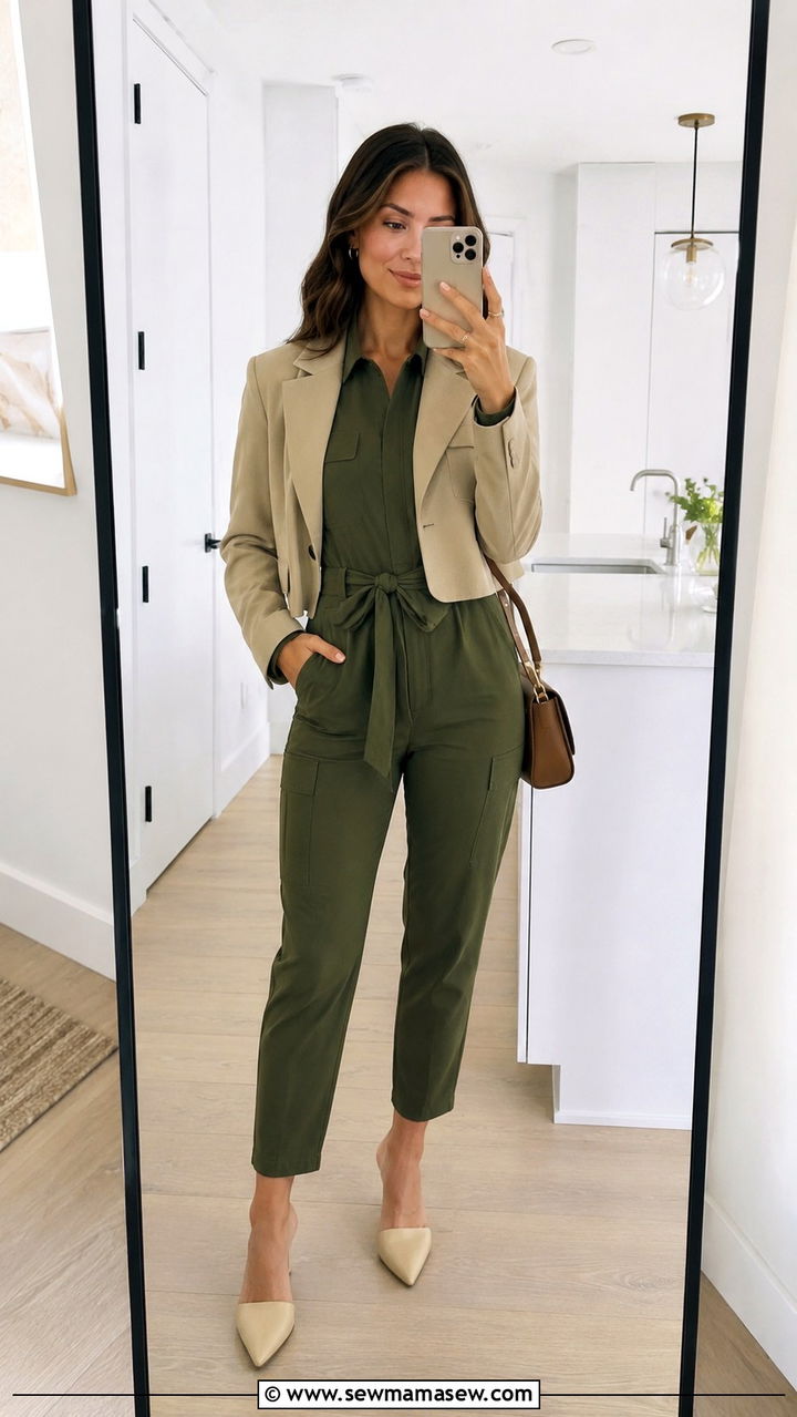Utility Jumpsuit with Cropped Blazer Outfit - 30 Spring work capsule wardrobe