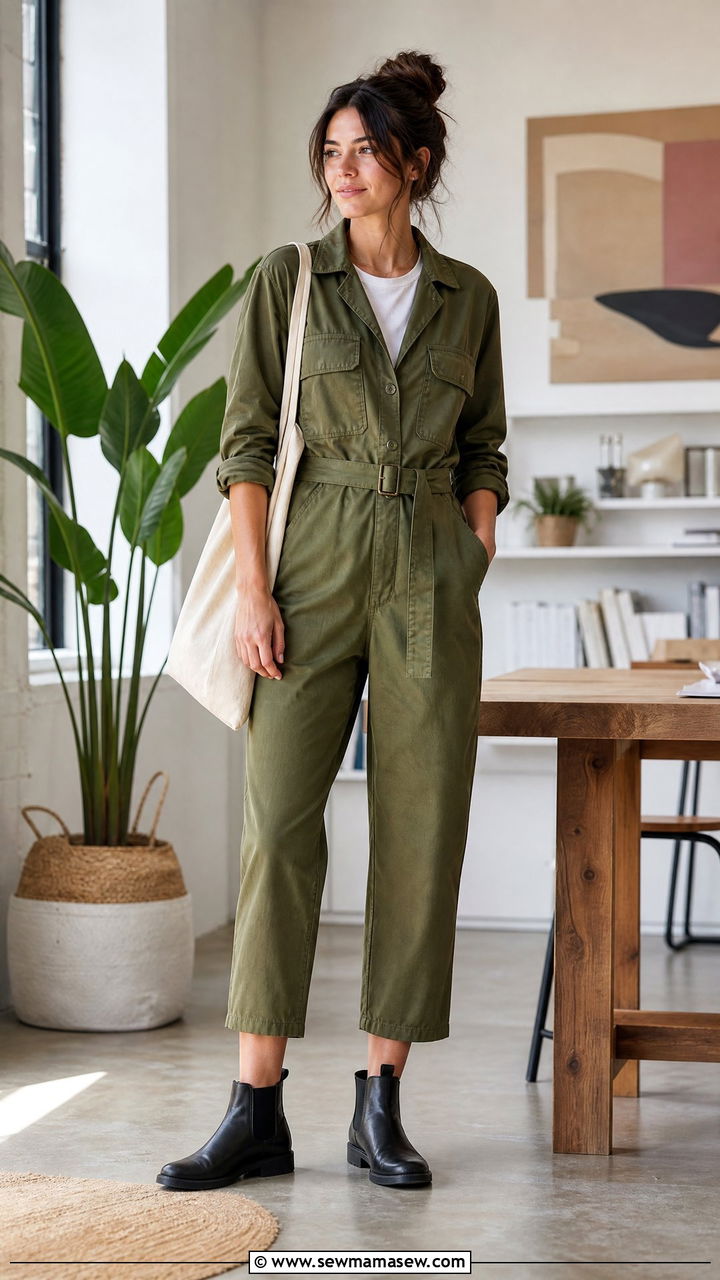Utility Jumpsuit with Cropped Trouser and Chelsea Boots - 25 Business casual outfits with boots