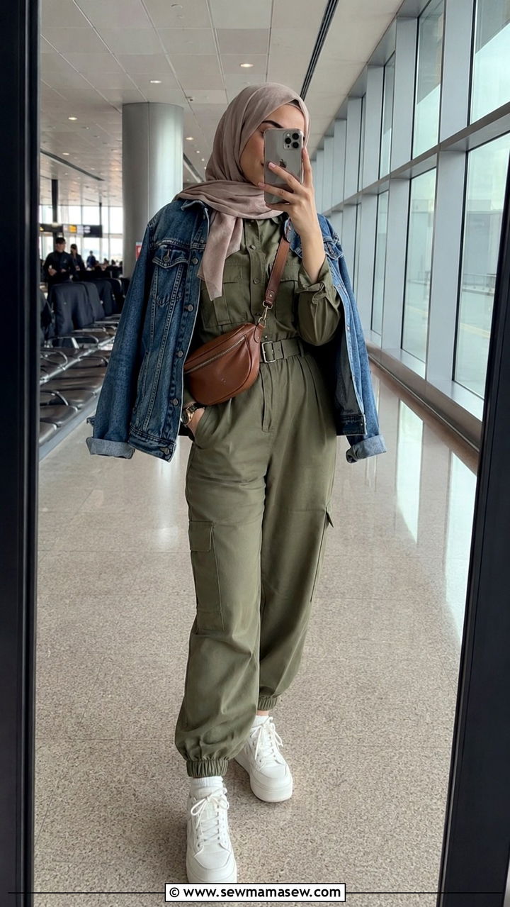 Utility Jumpsuit with Denim Jacket and Platform Sneakers - 30 Modest outfit ideas for airport