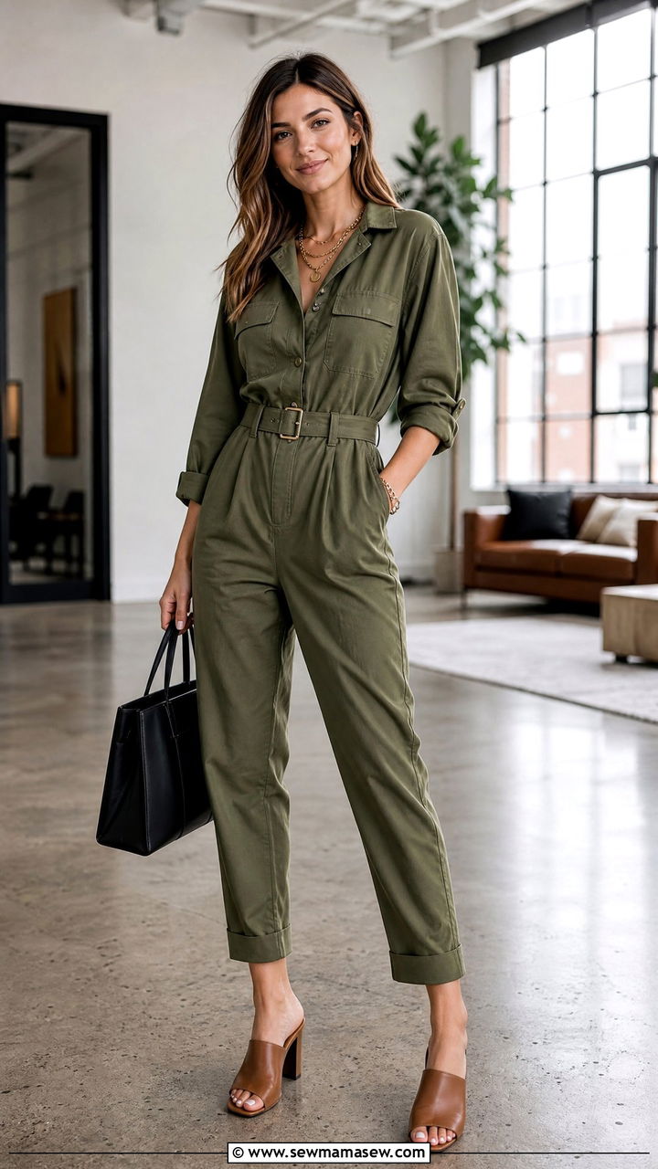 Utility Jumpsuit with Heeled Mules - 35 Housewarming party outfits
