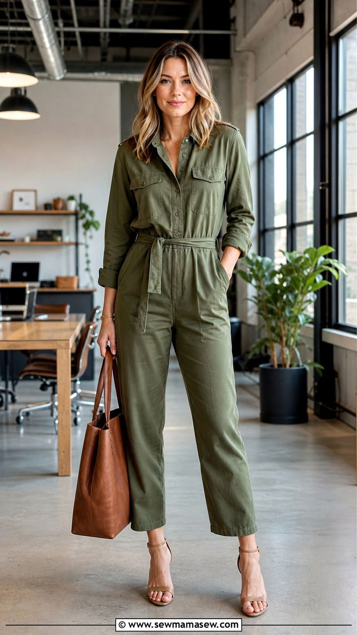 Utility Jumpsuit with Heeled Sandals - 40 Spring work outfits