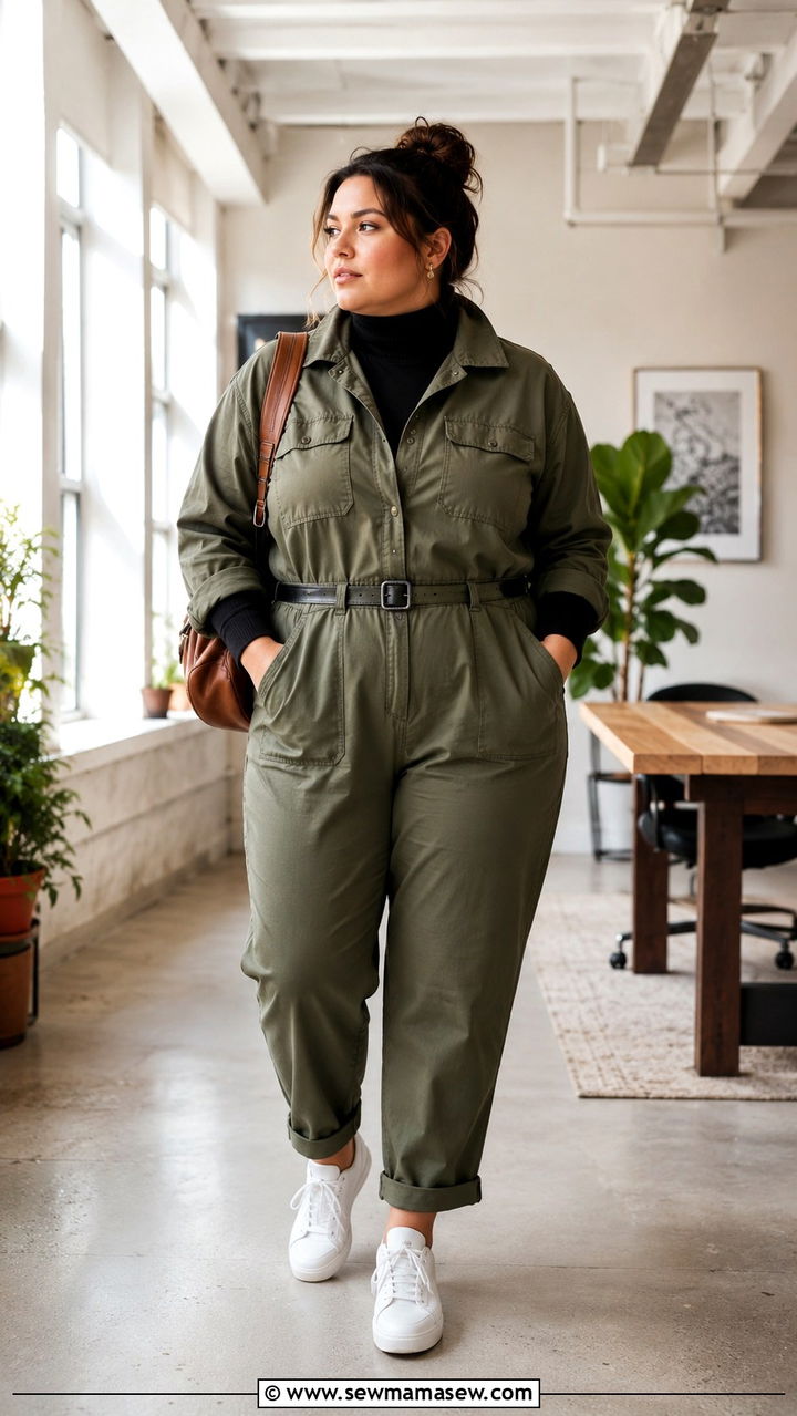 Utility Jumpsuit with Layered Turtleneck - 30 Office outfit ideas plus size