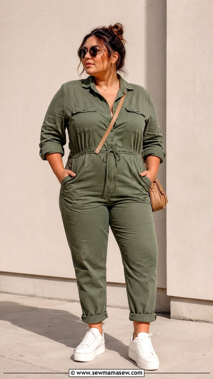 Utility Jumpsuit with Platform Sneakers - 30 spring plus size outfit ideas