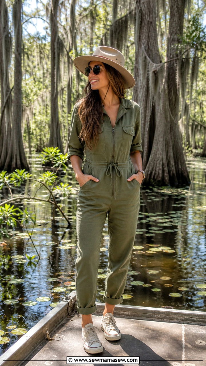 Utility Jumpsuit with Sneakers for a Swamp Tour - 40 What to wear in New Orleans