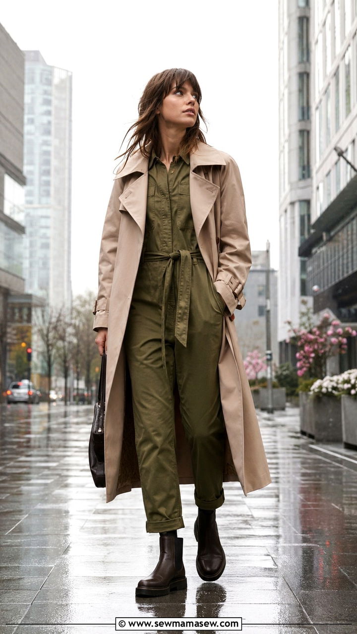 Utility Jumpsuit with Trench Coat and Chelsea Boots - 20 rainy day outfits 2026