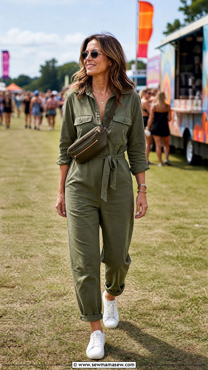 Utility Jumpsuit with White Sneakers and Belt Bag Festival Outfit - 30 music festival outfits for women over 40