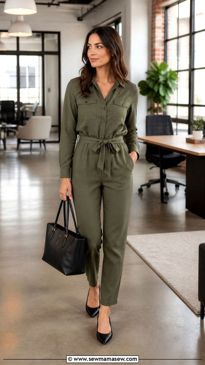Utility Jumpsuit with a Belt and Pointed Toe Flats - 40 Business casual outfit ideas for women