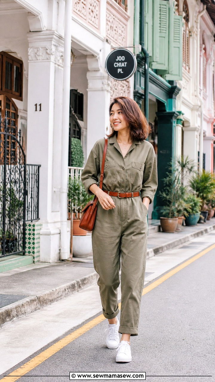Utility Jumpsuit with a Leather Belt and White Sneakers - 40 What to wear in Singapore