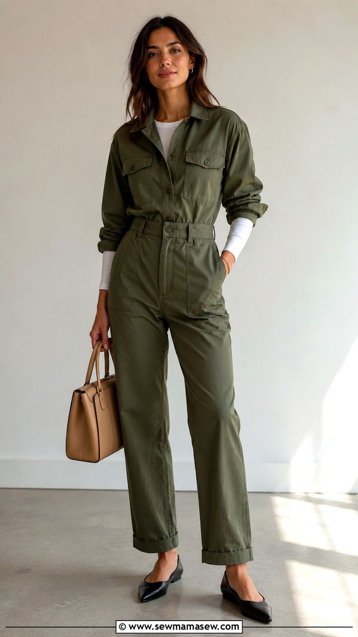 Utility Jumpsuit with a Structured Handbag - 25 Monday work outfit ideas