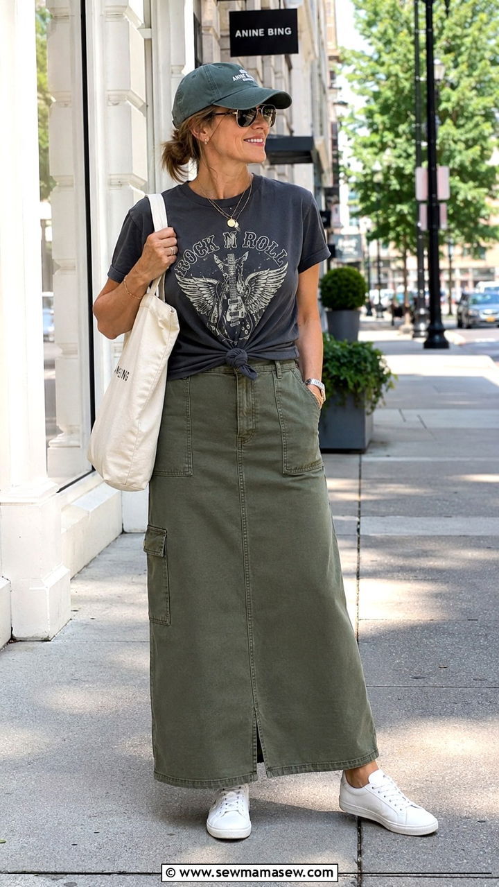 Utility Maxi Skirt Outfit With Graphic Tee - 30 maxi skirt outfits for women over 40