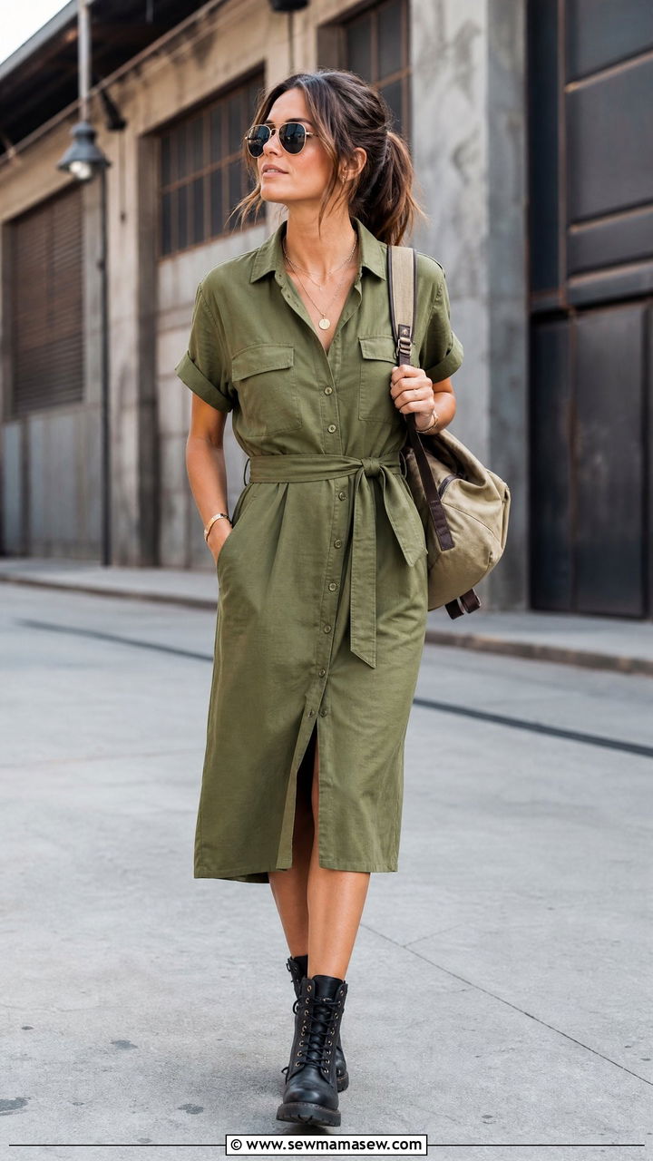 Utility Midi Dress with Tie Belt and Combat Boots - 30 Midi dress outfit ideas with a belt