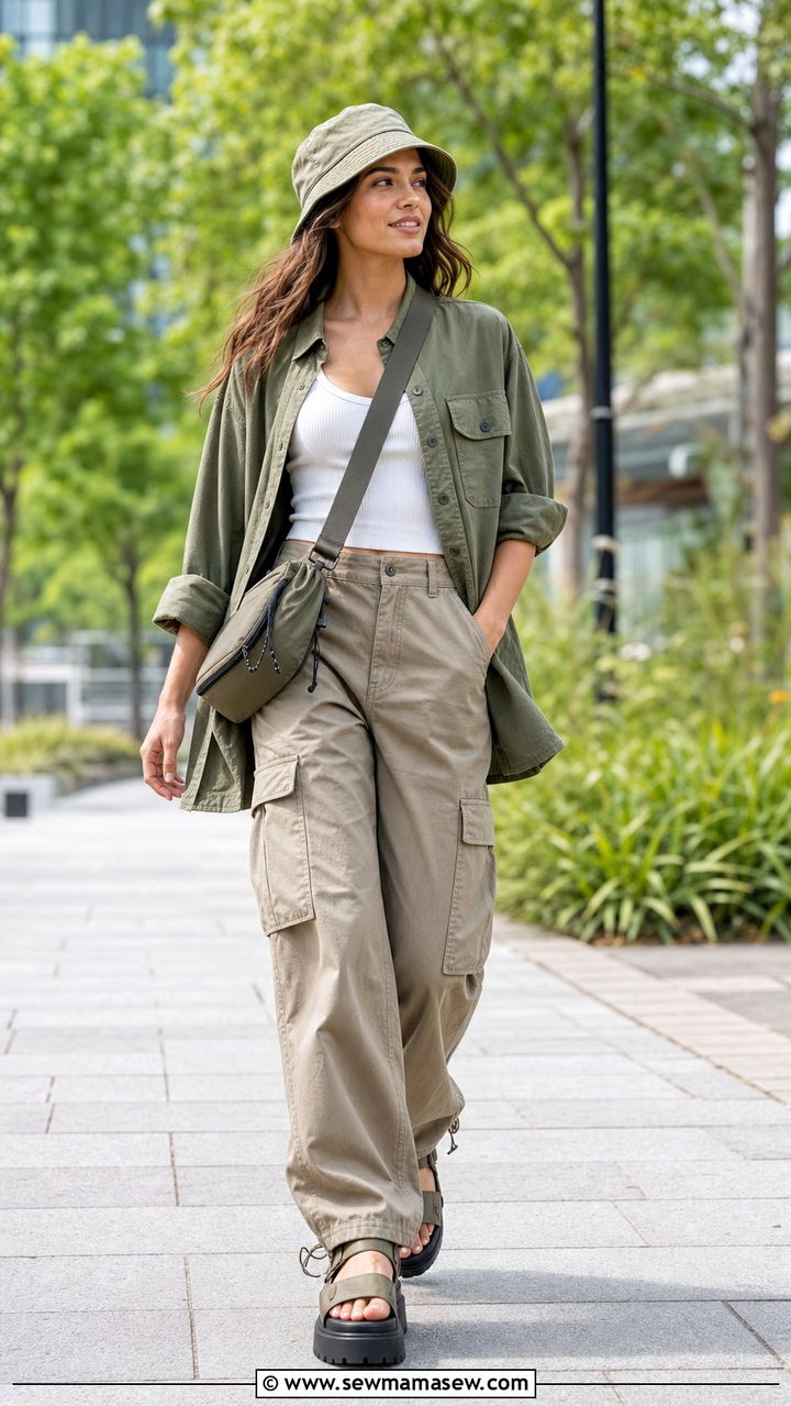 Utility Overshirt Over a Tank and Cargo Pants - 25 Summer layering outfits