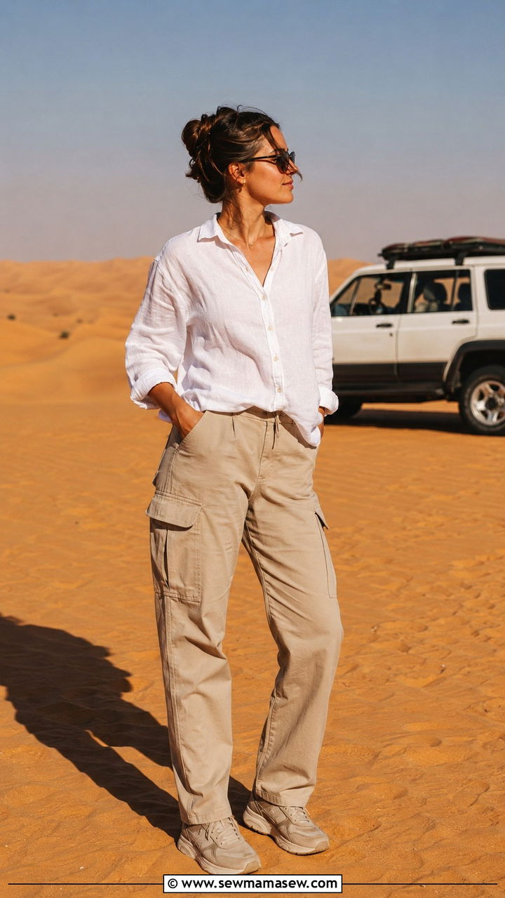 Utility Pants With Long Sleeve Linen Shirt - 30 Dubai vacation outfit ideas modest