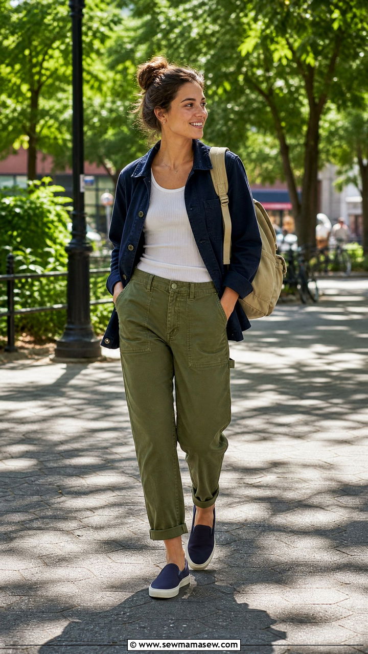 Utility Pants With Sturdy Slip On Sneakers - 25 Spring outfits with slip ons