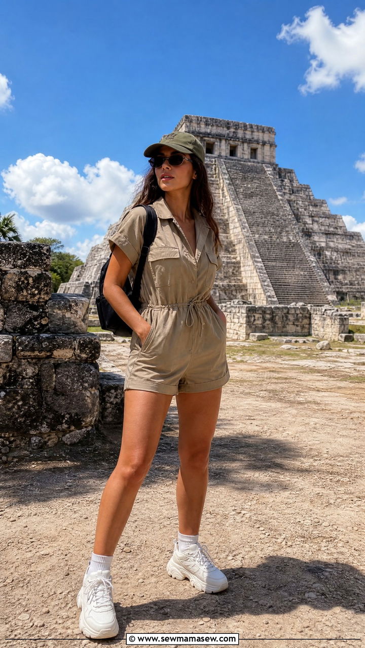 Utility Romper With Chunky Sneakers Mexico Ruins Outfit - 35 Mexico vacation outfits