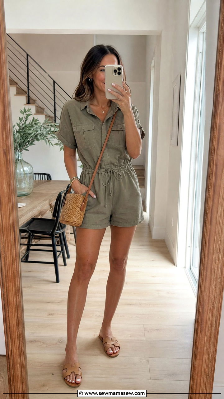 Utility Romper With Cinched Waist and Slide Sandals - 30 summer utility chic outfit ideas