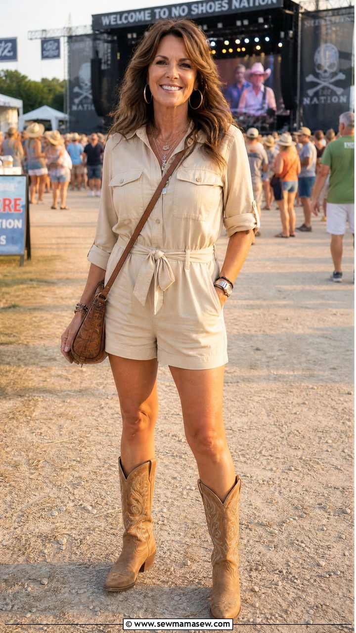 Utility Romper With Embroidered Boots - 30 country concert outfits for women over 40
