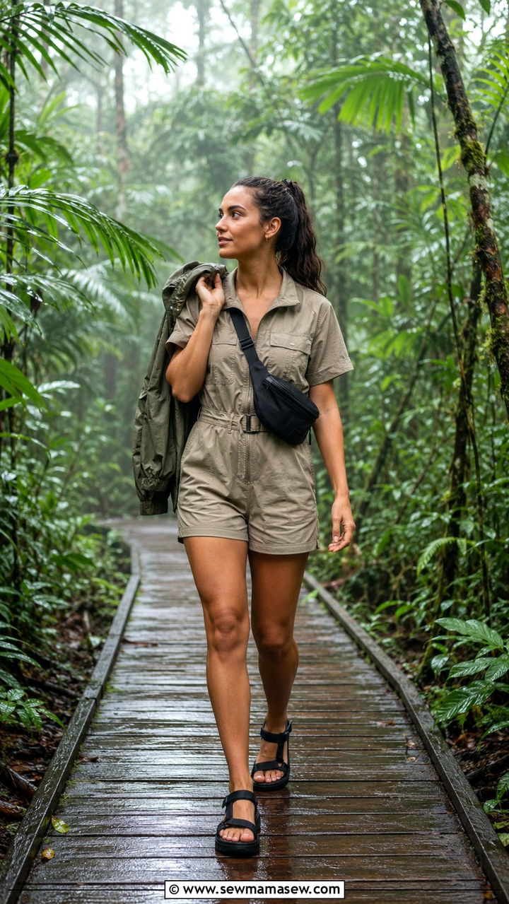 Utility Romper With Rain Jacket And Waterproof Hiking Sandals - 30 Rainy day travel outfit ideas