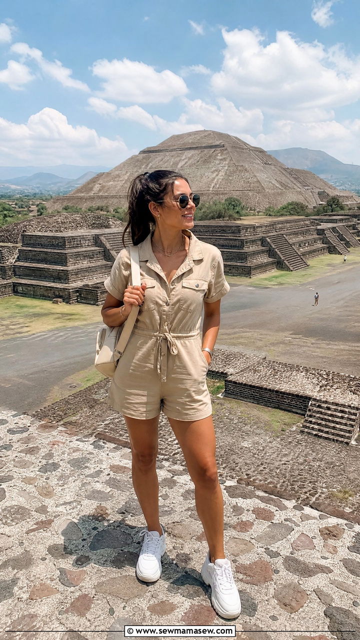 Utility Romper and Chunky Sneakers - 35 Mexico summer outfit ideas