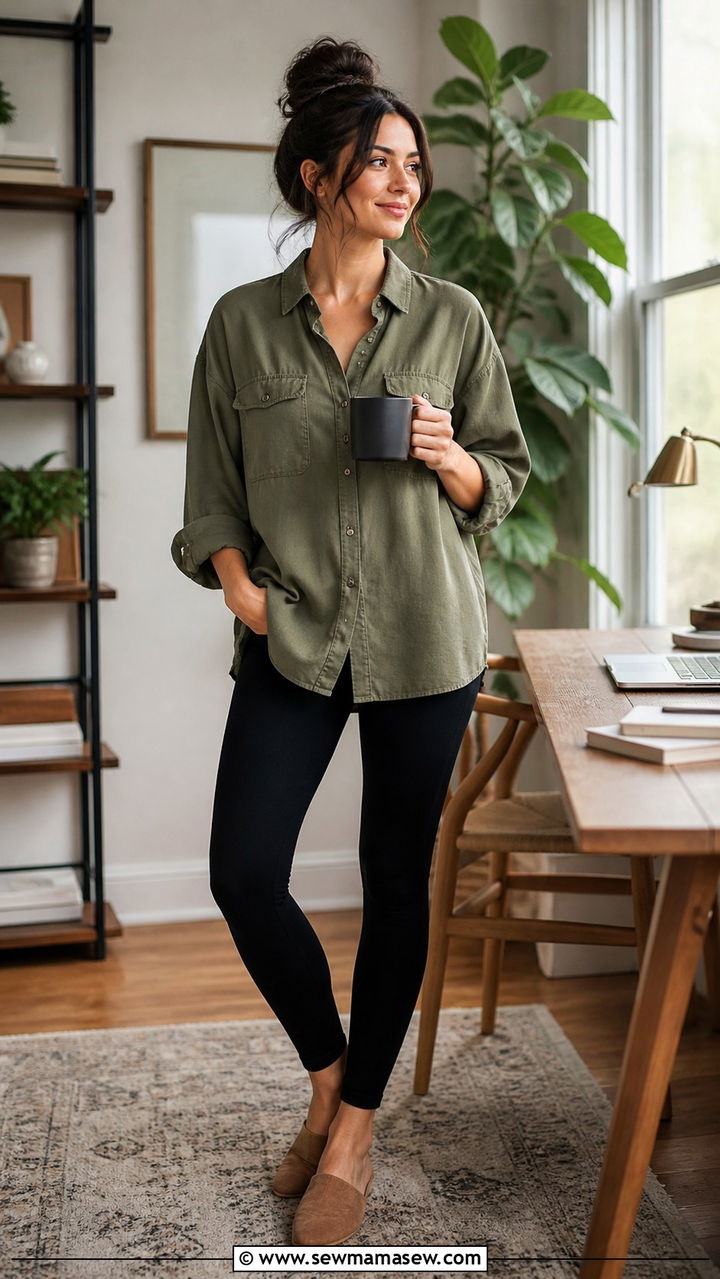 Utility Shirt And Black Leggings For Remote Work - 40 Work from home outfit ideas