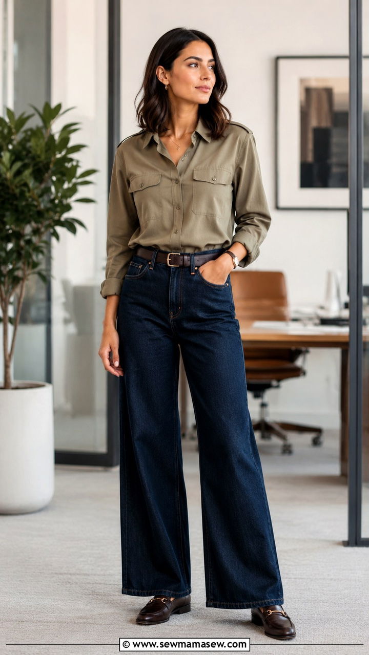 Utility Shirt with Wide Leg Jeans and Leather Loafers - 30 business casual outfits aesthetic