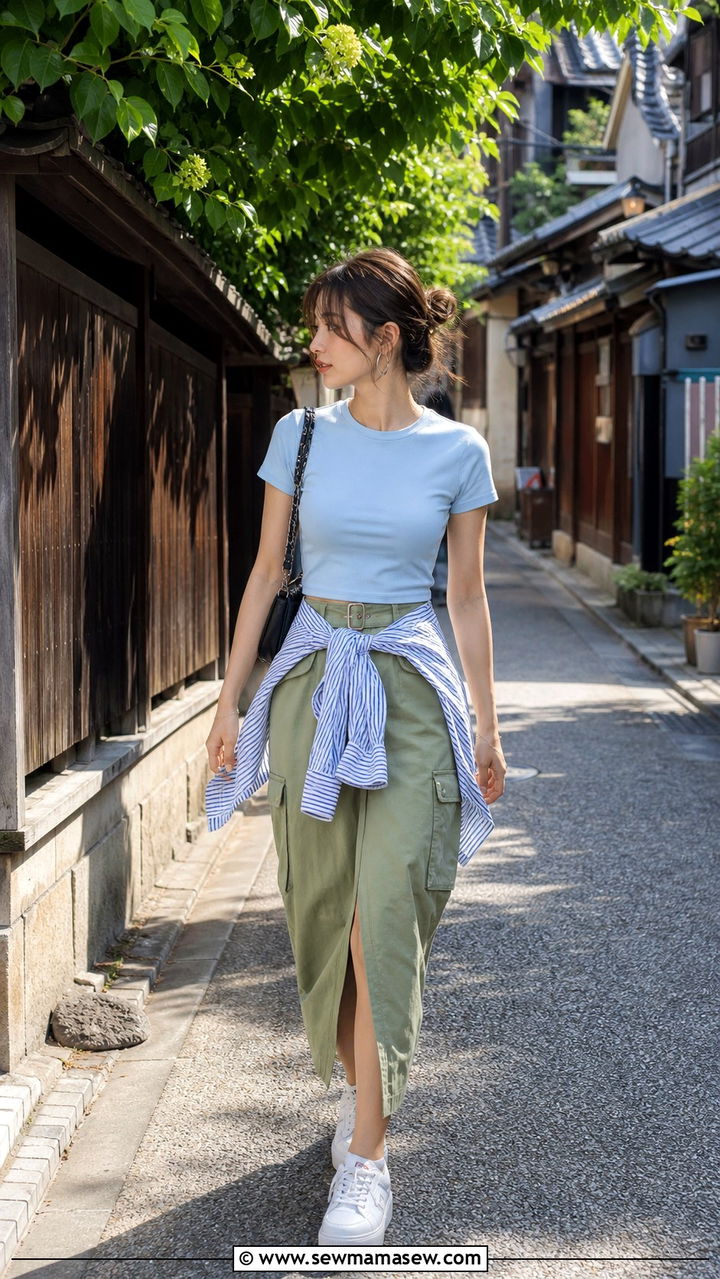 Utility Skirt and Baby Tee Outfit - 40 Summer Japan outfit ideas