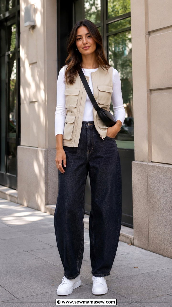 Utility Vest And Barrel Jeans With White Sneakers - 25 Barrel jeans outfit ideas with white sneakers