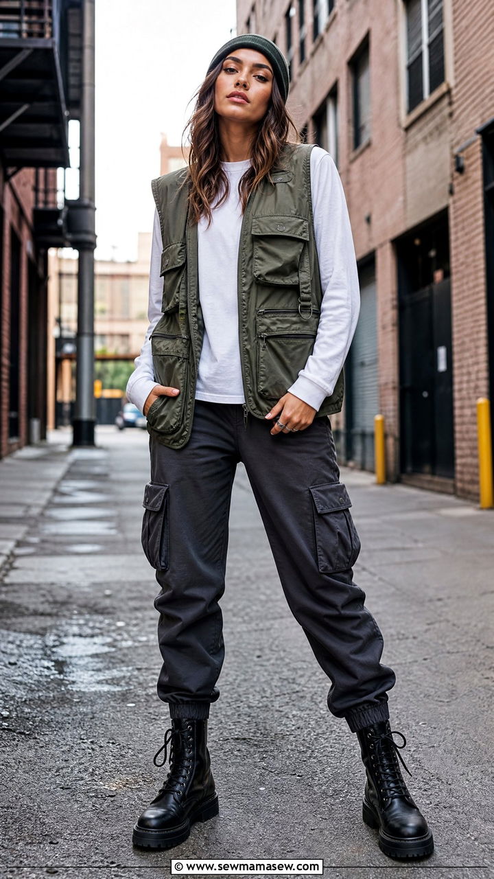 Utility Vest Over A T Shirt With Cargo Joggers And Combat Boots - 30 streetwear outfits ideas