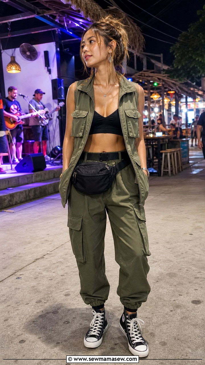 Utility Vest Over Bralette With Cargo Pants - 40 What to wear in Phuket