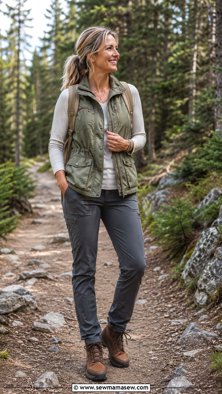 Utility Vest With Long Sleeve Top and Stretch Pants - 30 Hiking outfit ideas for women over 40