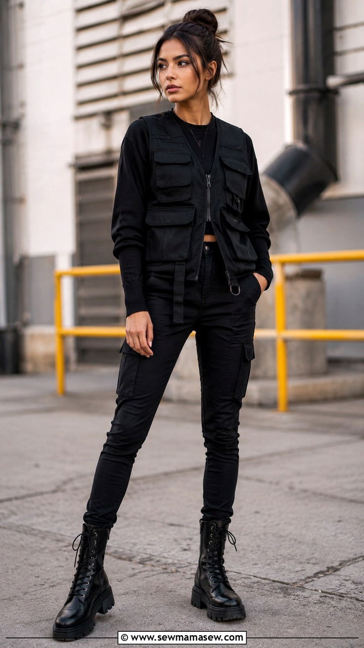 Utility Vest and Combat Boots Outfit - 30 edgy outfit ideas for women