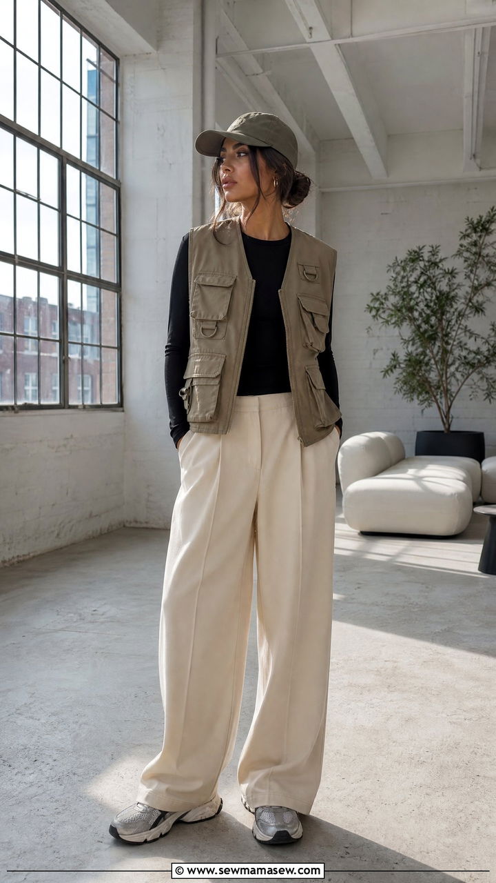 Utility Vest and Wide Leg Trousers Outfit - 30 streetwear outfits inspo