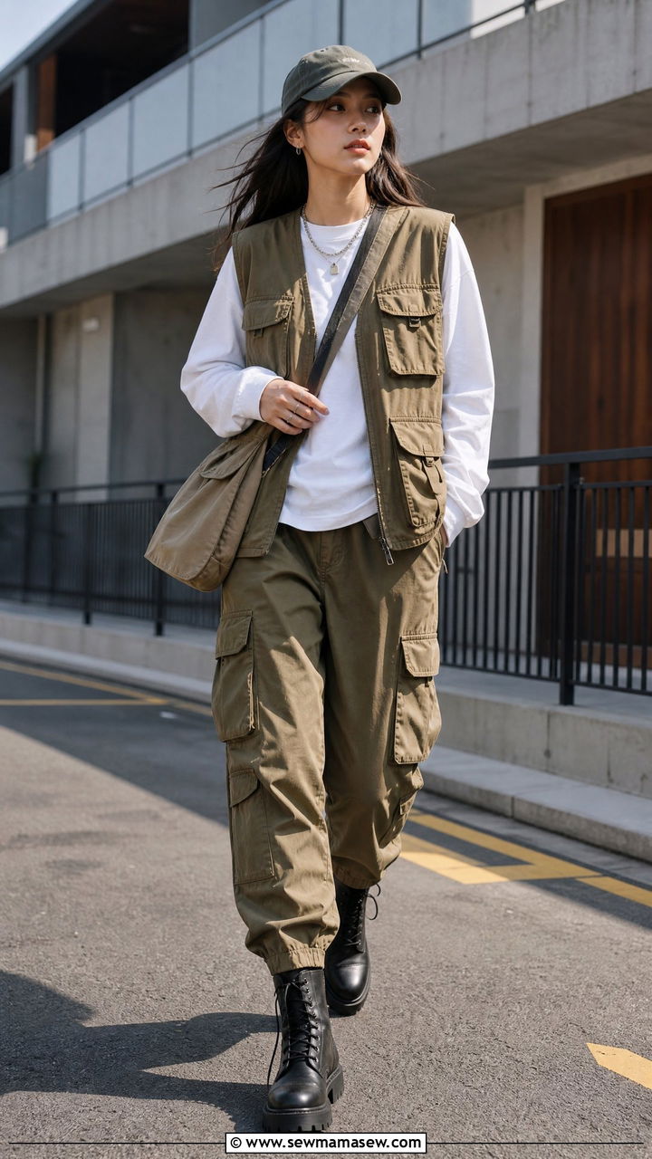 Utility Vest over Long Sleeve Tee with Cargo Pants - 30 streetwear outfits to copy