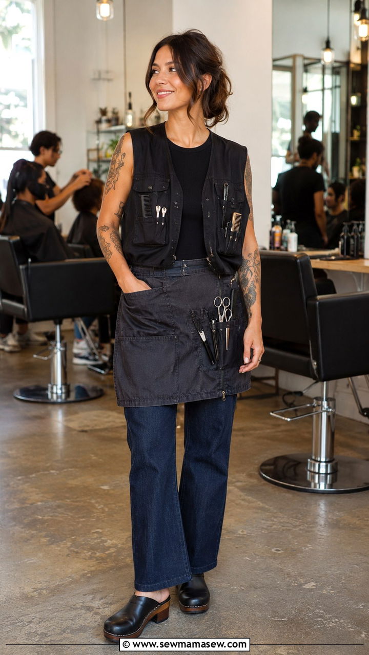 Utility Vest with Dark Denim and Clogs - 20 Hairstylist outfit ideas