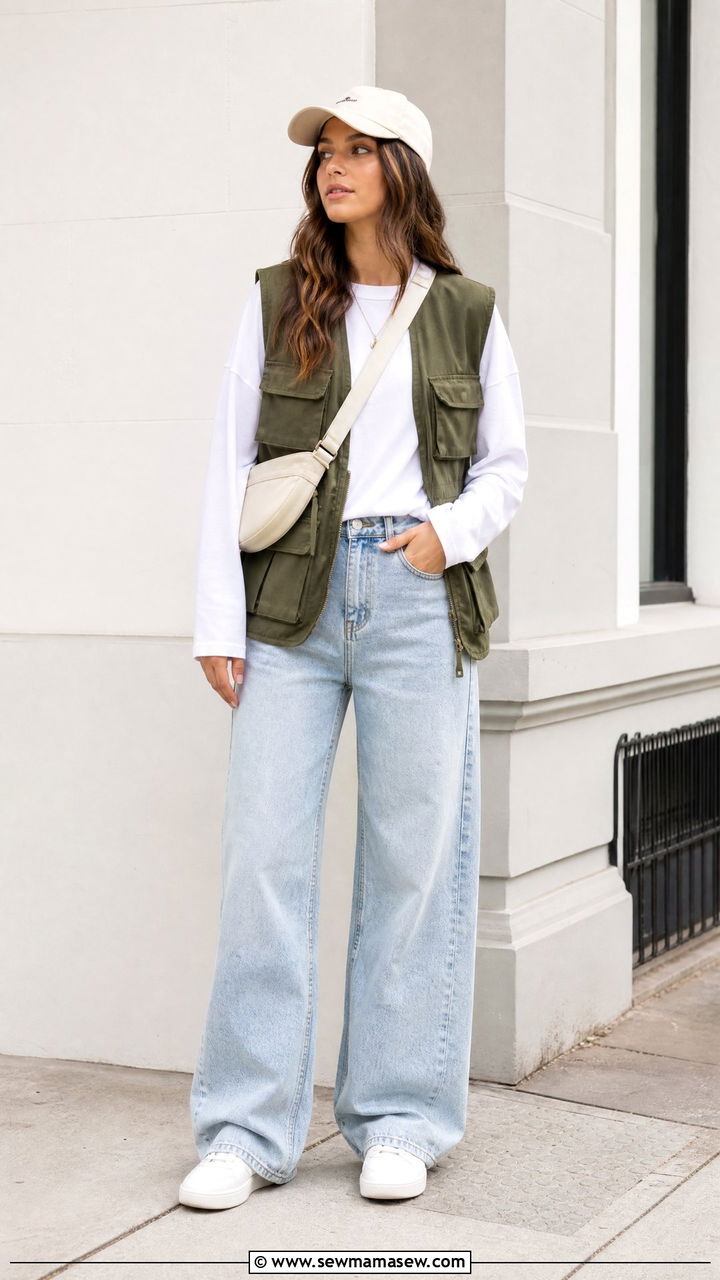 Utility Vest with Wide Leg Jeans - 30 streetwear outfit ideas for women