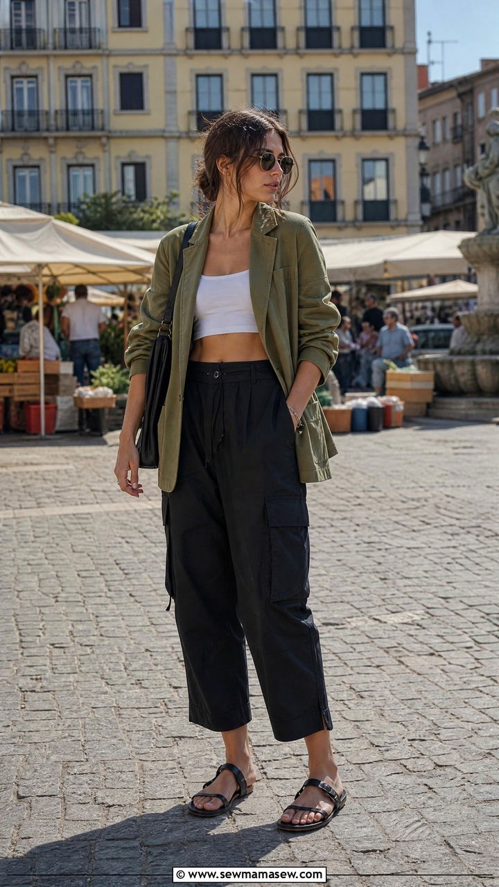 Utility blazer with cargo pants and crop top - 25 How to style a blazer in summer