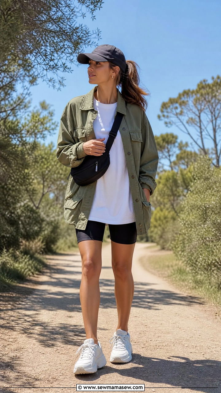 Utility jacket and bike shorts spring packing outfit - 25 Spring packing list outfits
