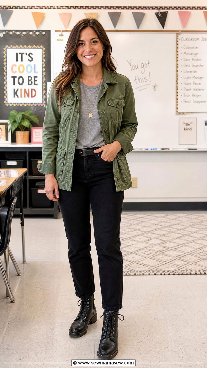 Utility jacket and black jeans teacher outfit - 30 Elementary teacher outfit ideas