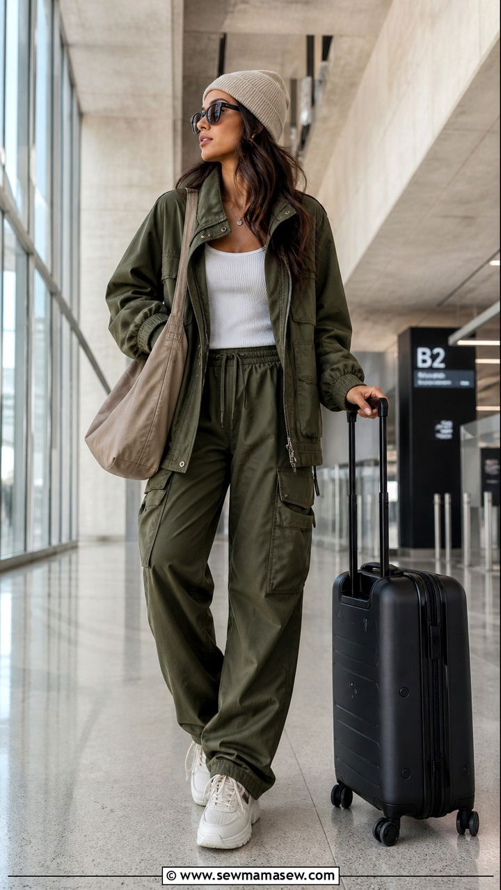 Utility jacket and cargo pants airport outfit - 20 Airport outfit ideas CDG Paris