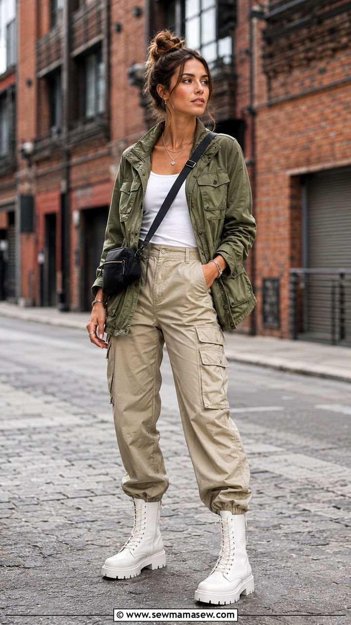 Utility jacket and cargo pants outfit - 30 Travel capsule wardrobe ideas